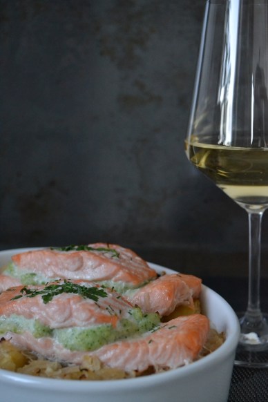 stuffed salmon on sauerkraut